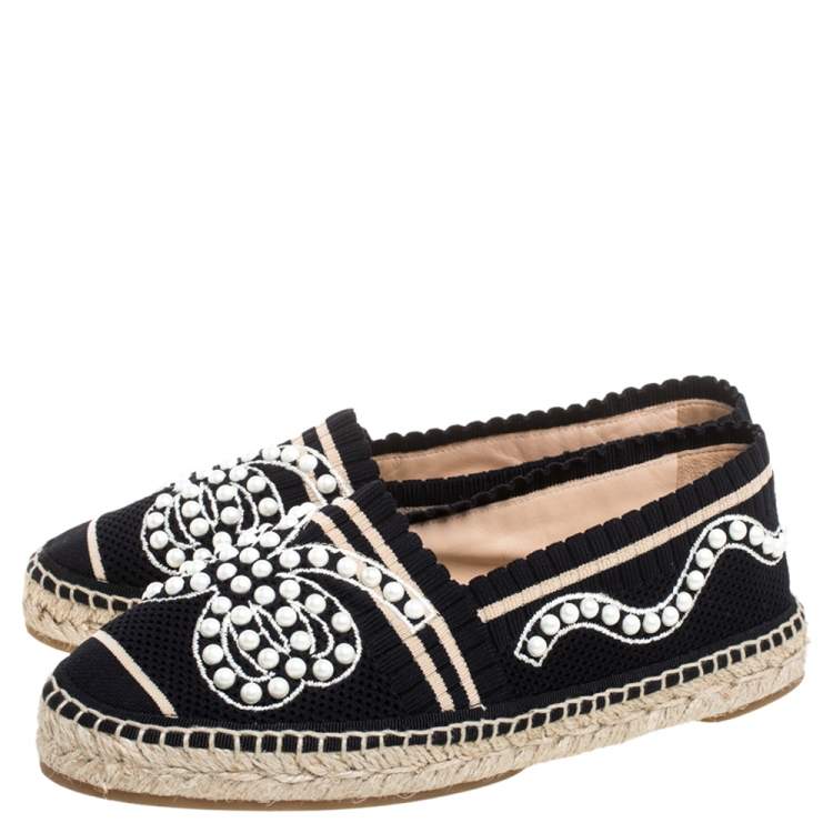 Pre Owned Fendi Black/Beige Knit Fabric Pearl Embellished Espadrilles Flats Size 37.5