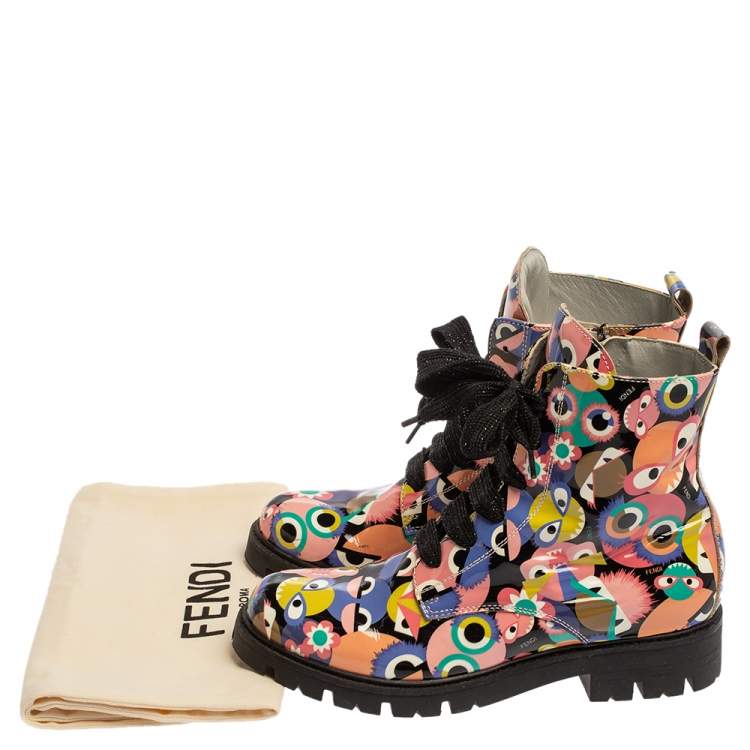 Pre Owned Fendi Multicolor Bag Bugs Printed Patent Leather Combat Boots Size 35