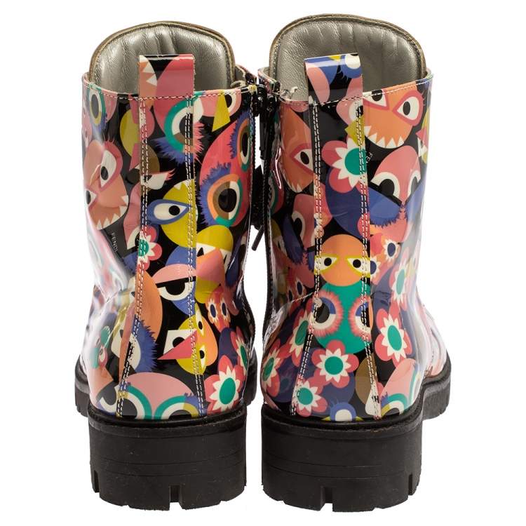 Pre Owned Fendi Multicolor Bag Bugs Printed Patent Leather Combat Boots Size 35