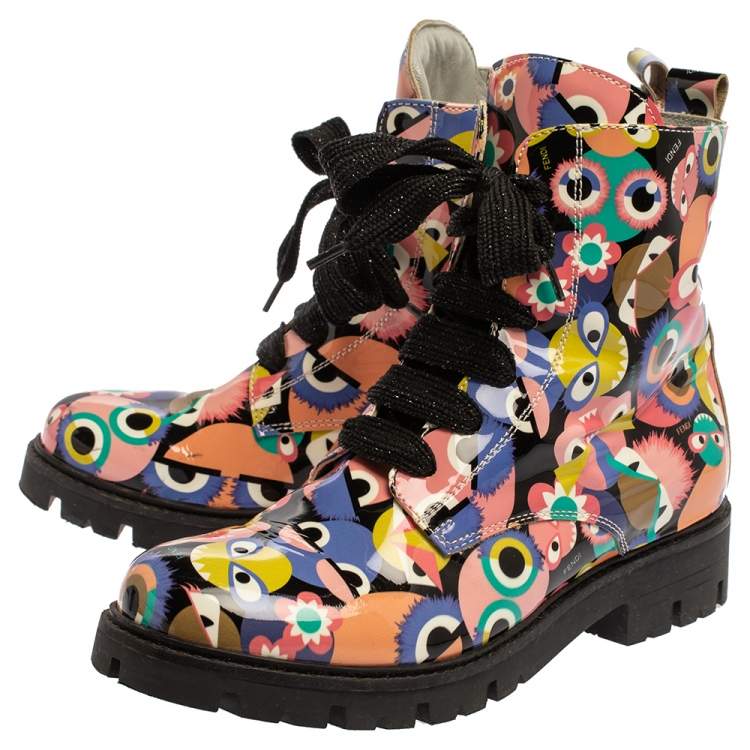 Pre Owned Fendi Multicolor Bag Bugs Printed Patent Leather Combat Boots Size 35