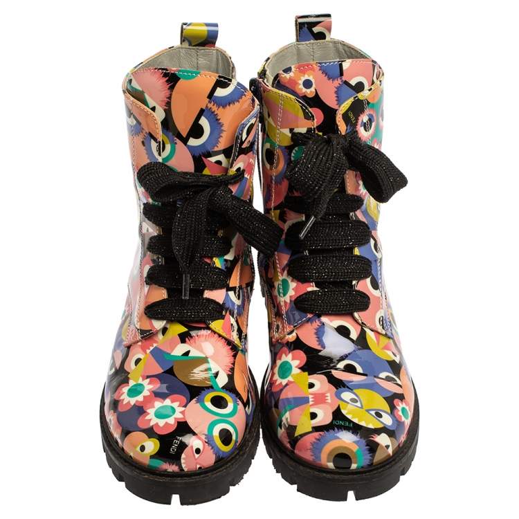 Pre Owned Fendi Multicolor Bag Bugs Printed Patent Leather Combat Boots Size 35