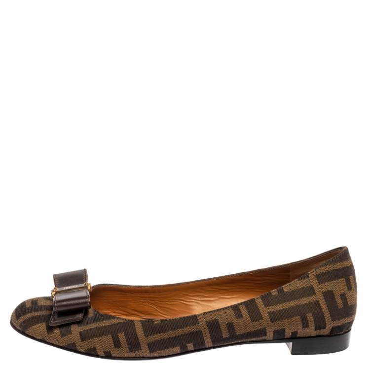Pre Owned Fendi Brown Tobacco Zucca Canvas and Leather Bow Detail Ballet Flats Size 37.5
