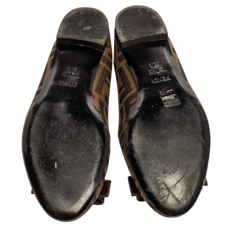 Pre Owned Fendi Brown Tobacco Zucca Canvas and Leather Bow Detail Ballet Flats Size 37.5