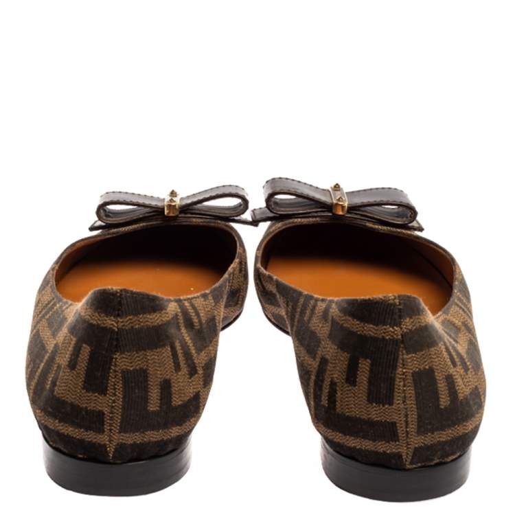 Pre Owned Fendi Brown Tobacco Zucca Canvas and Leather Bow Detail Ballet Flats Size 37.5