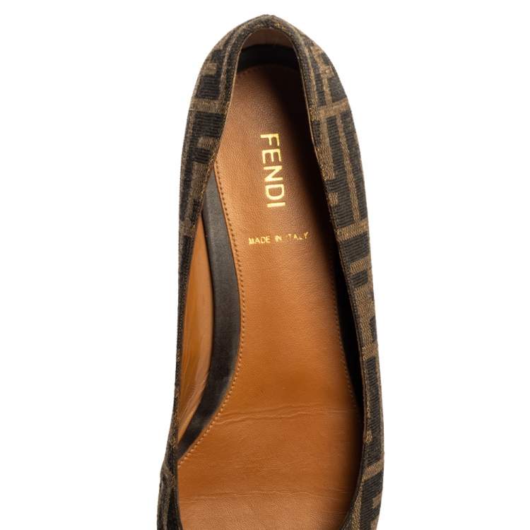 Pre Owned Fendi Brown Tobacco Zucca Canvas and Leather Bow Detail Ballet Flats Size 37.5