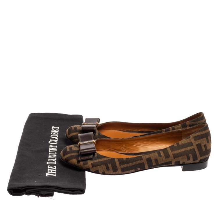 Pre Owned Fendi Brown Tobacco Zucca Canvas and Leather Bow Detail Ballet Flats Size 37.5