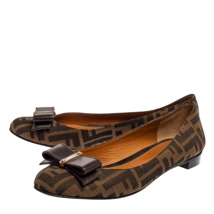 Pre Owned Fendi Brown Tobacco Zucca Canvas and Leather Bow Detail Ballet Flats Size 37.5