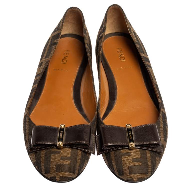 Pre Owned Fendi Brown Tobacco Zucca Canvas and Leather Bow Detail Ballet Flats Size 37.5