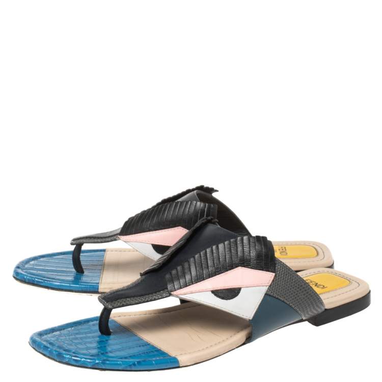 مملوكة مسبقًا Fendi Multicolor Bugs Paneled Leather Thong Sandals Size 38.5