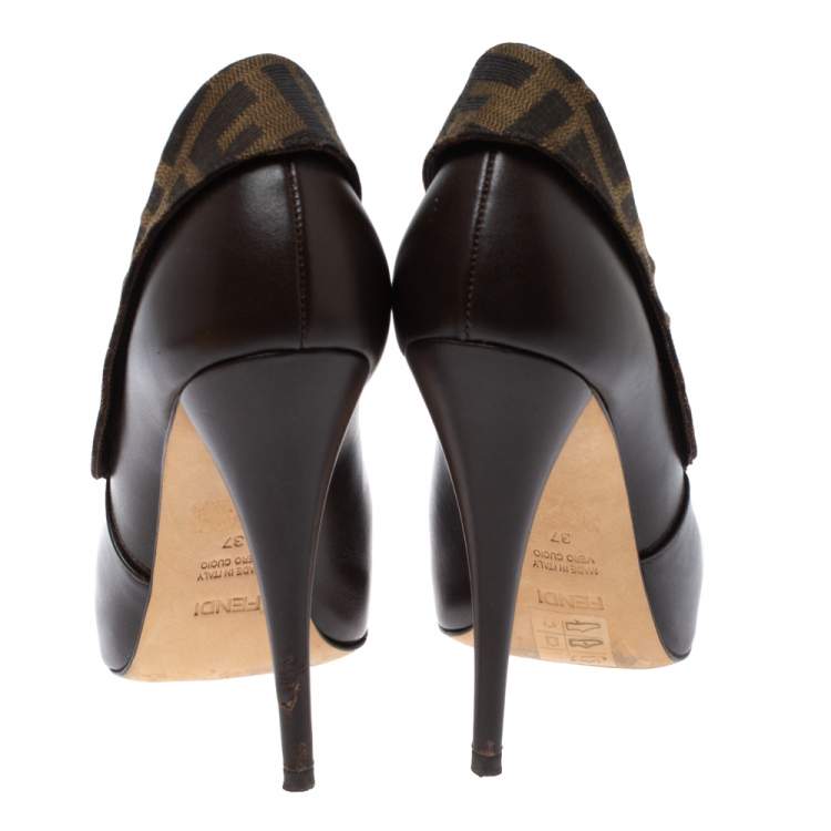 مملوكة مسبقًا Fendi Brown Leather and Zucca Canvas Booties Size 37