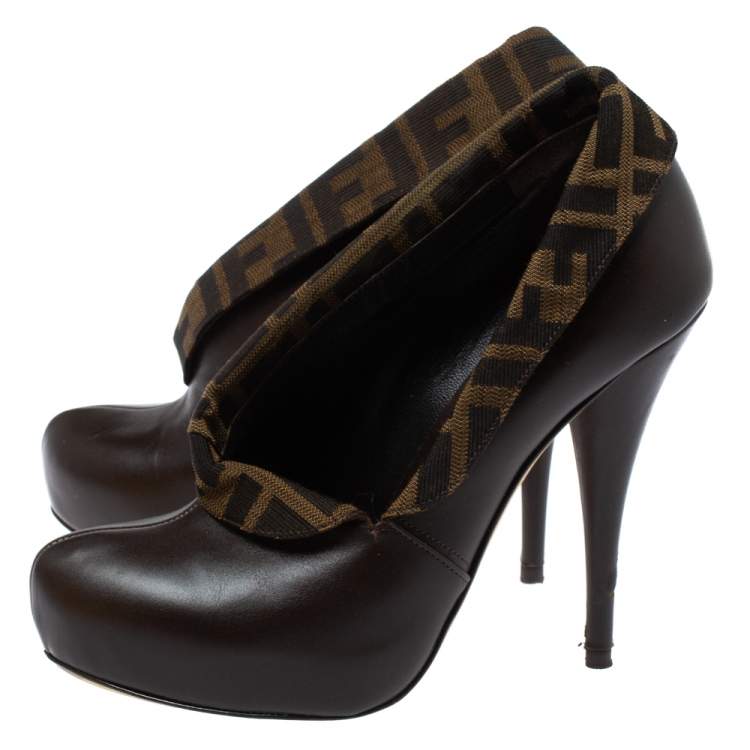 مملوكة مسبقًا Fendi Brown Leather and Zucca Canvas Booties Size 37