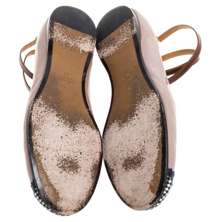 Pre Owned Fendi Nude Patent Leather Ankle Strap Ballet Flats Size 39