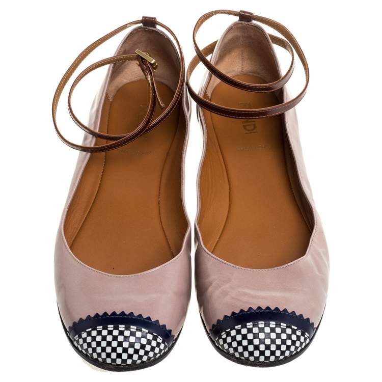 Pre Owned Fendi Nude Patent Leather Ankle Strap Ballet Flats Size 39