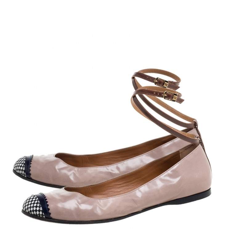 Pre Owned Fendi Nude Patent Leather Ankle Strap Ballet Flats Size 39