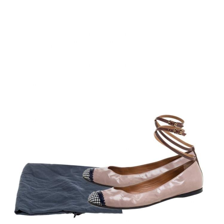 Pre Owned Fendi Nude Patent Leather Ankle Strap Ballet Flats Size 39