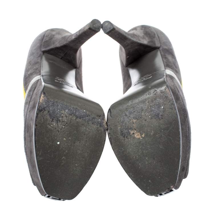 Pre Owned Fendi Grey/Yellow Suede Fendista Peep Toe Pumps Size 38.5