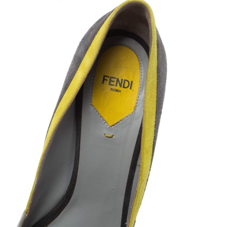 Pre Owned Fendi Grey/Yellow Suede Fendista Peep Toe Pumps Size 38.5