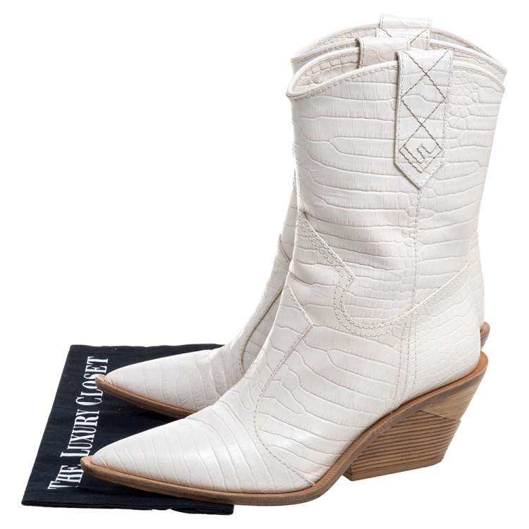 Pre Owned Fendi White Croc Embossed Leather Mid Calf Pointed Toe Boots Size 40