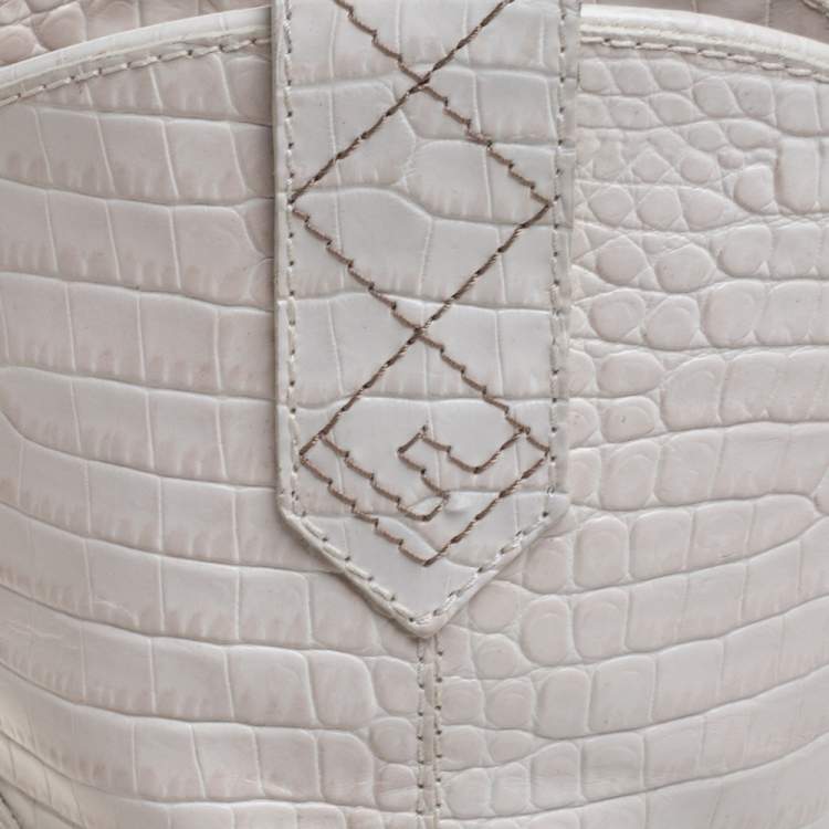Pre Owned Fendi White Croc Embossed Leather Mid Calf Pointed Toe Boots Size 40