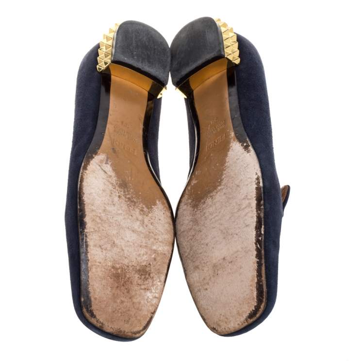 Pre Owned Fendi Navy Blue Suede Studded Heel Smoking Slippers Size 38