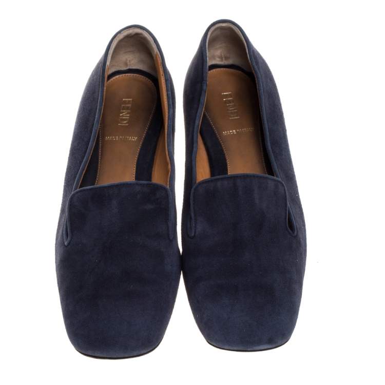 Pre Owned Fendi Navy Blue Suede Studded Heel Smoking Slippers Size 38