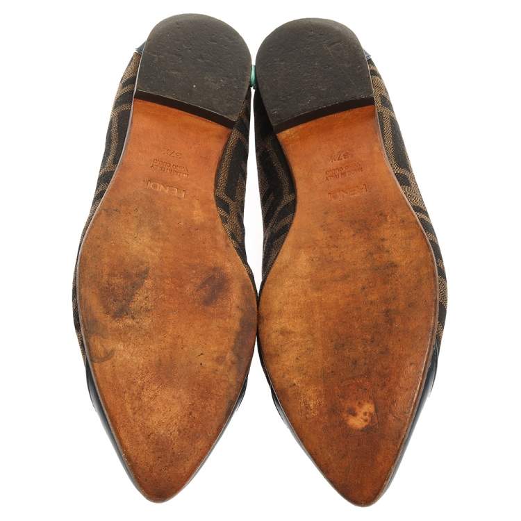 Pre Owned Fendi Blue/Brown Zucca Canvas And Leather Ballet Flats Size 37.5