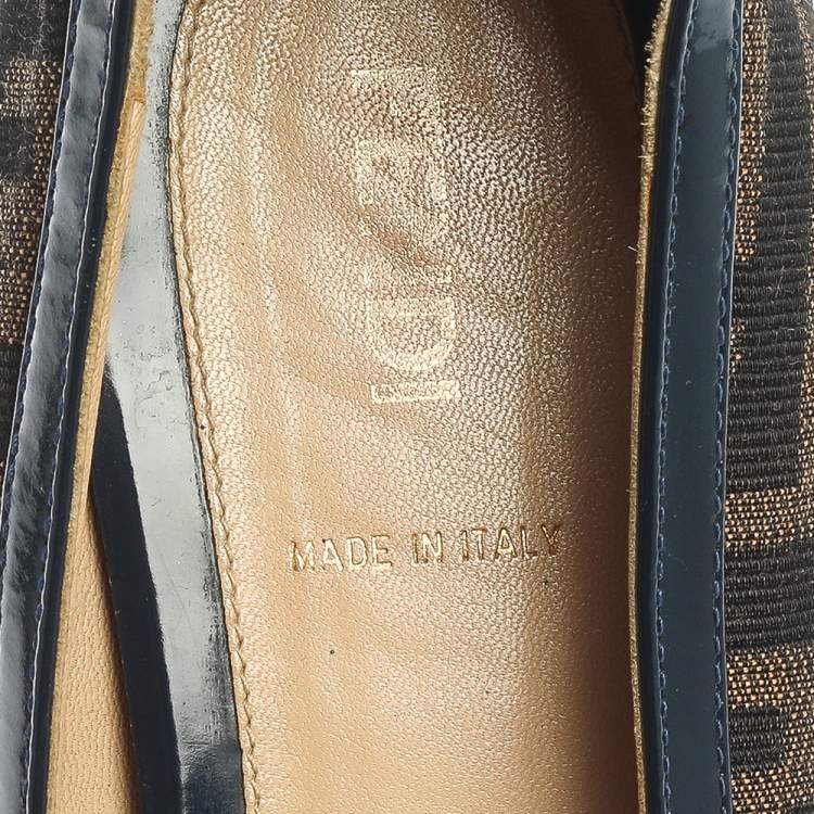 Pre Owned Fendi Blue/Brown Zucca Canvas And Leather Ballet Flats Size 37.5