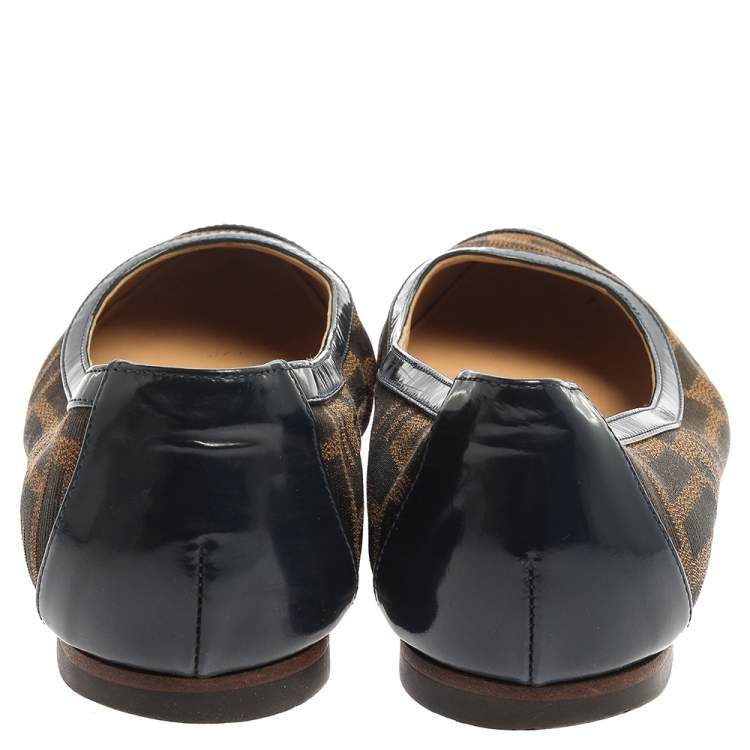 Pre Owned Fendi Blue/Brown Zucca Canvas And Leather Ballet Flats Size 37.5