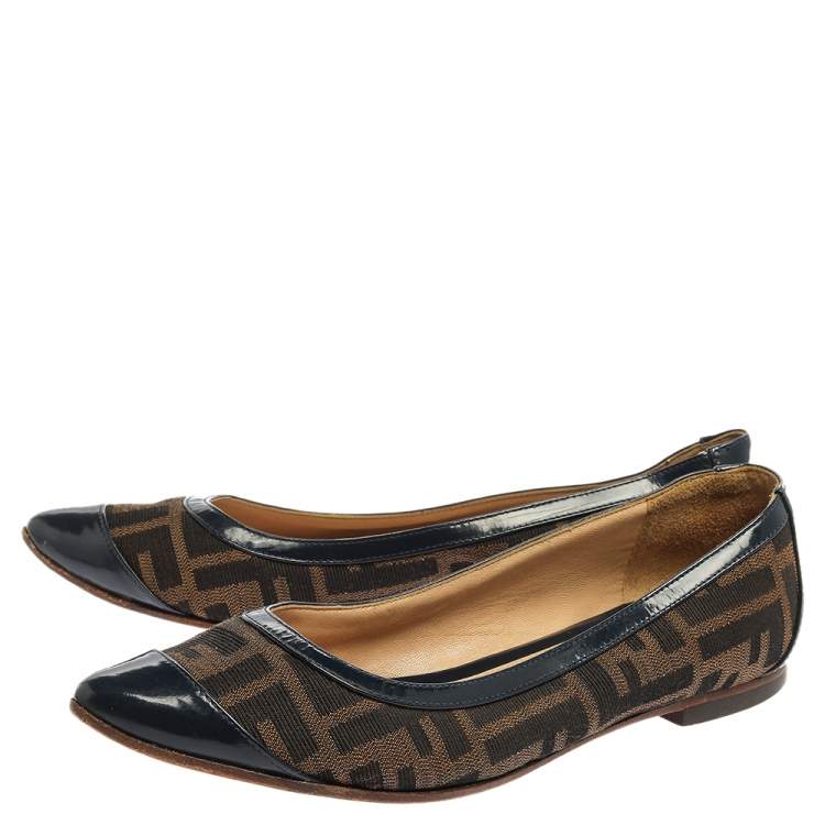 Pre Owned Fendi Blue/Brown Zucca Canvas And Leather Ballet Flats Size 37.5
