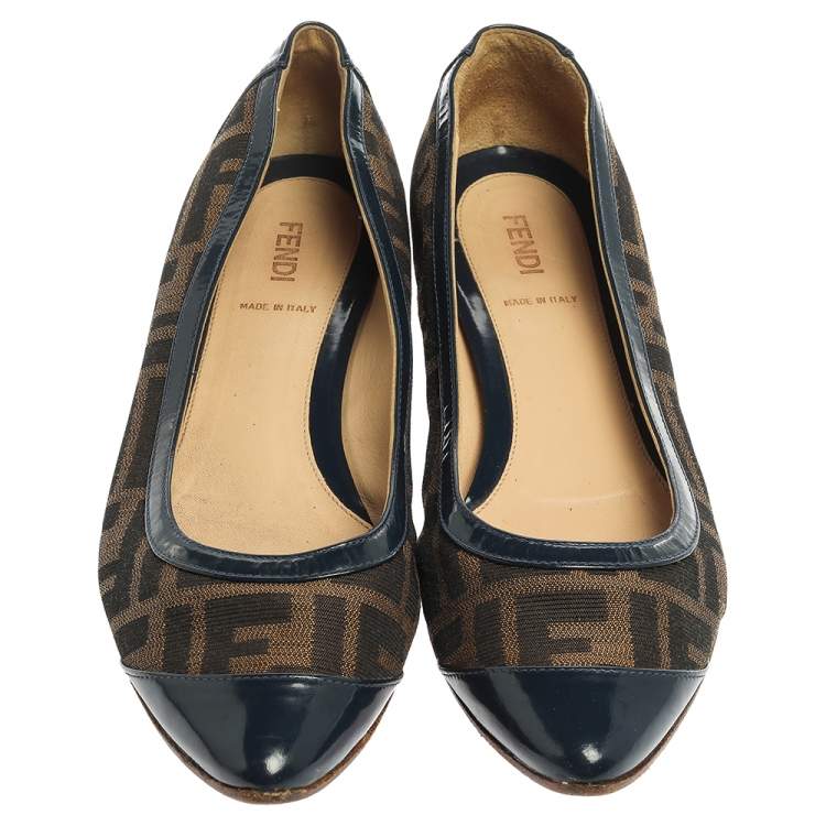 Pre Owned Fendi Blue/Brown Zucca Canvas And Leather Ballet Flats Size 37.5