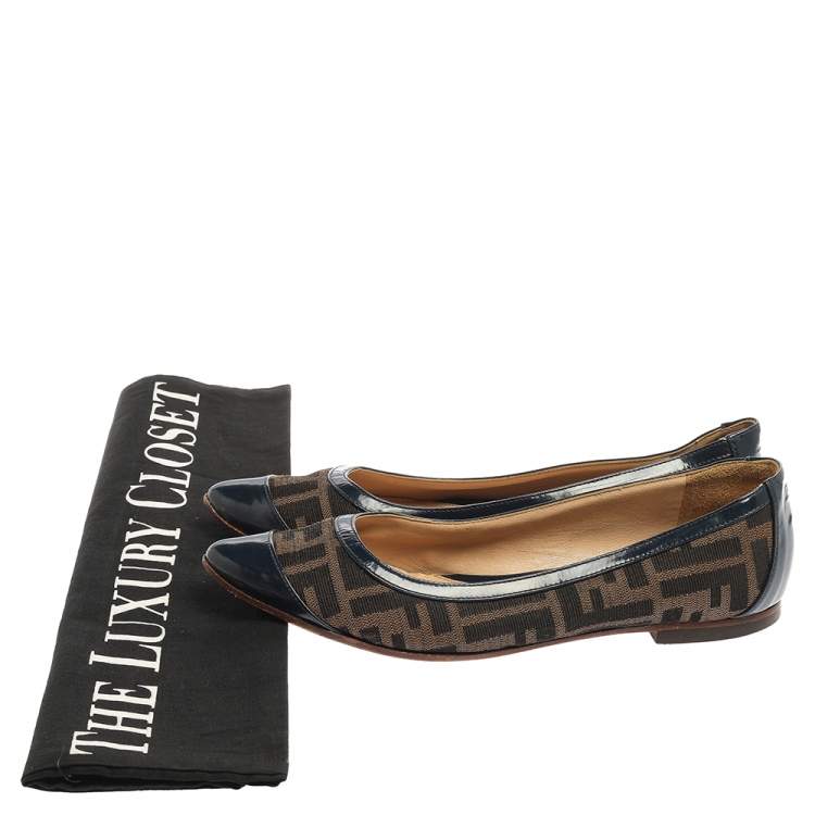 Pre Owned Fendi Blue/Brown Zucca Canvas And Leather Ballet Flats Size 37.5