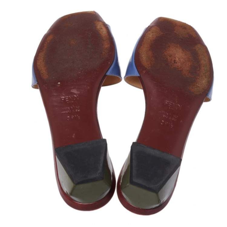 Pre Owned Fendi Blue Patent Leather Open Toe Slide Sandals Size 39.5