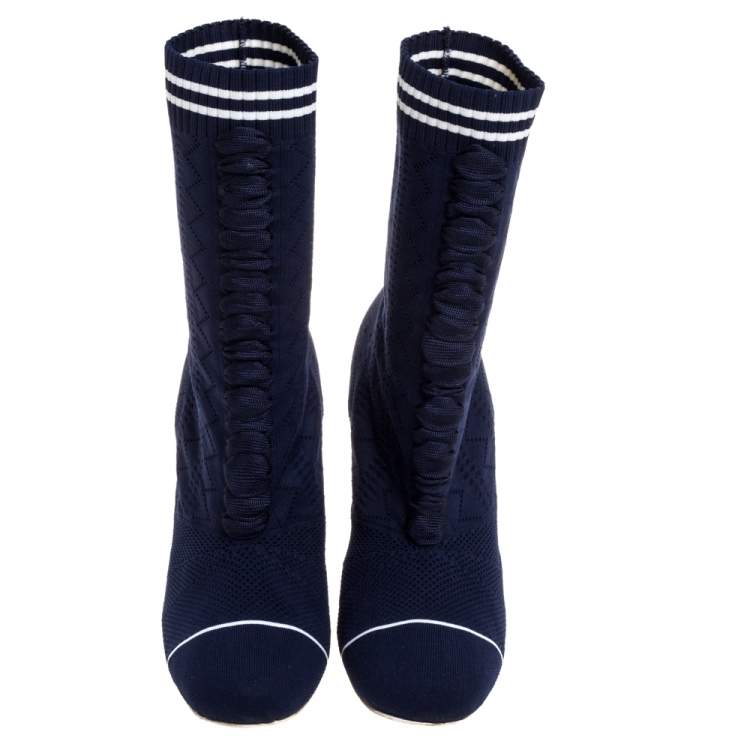 مملوكة مسبقًا Fendi Blue Knit Fabric Rockoko Runway Openwork Ankle Boots Size 40