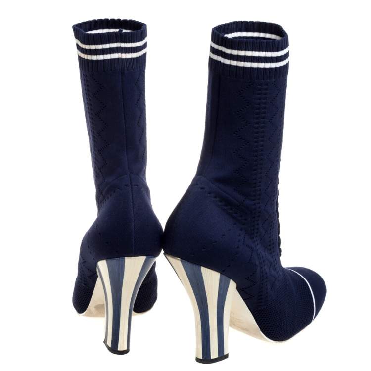 مملوكة مسبقًا Fendi Blue Knit Fabric Rockoko Runway Openwork Ankle Boots Size 40