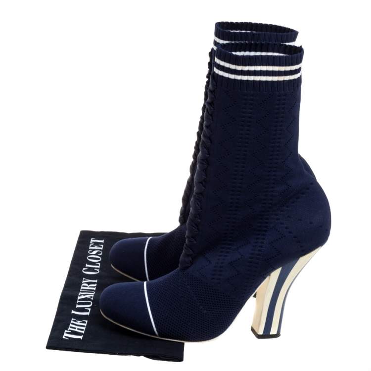 مملوكة مسبقًا Fendi Blue Knit Fabric Rockoko Runway Openwork Ankle Boots Size 40