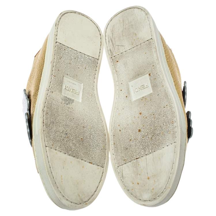 Pre Owned Fendi Tricolor Metallic Leather Scalloped Velcro Sneakers Size 38