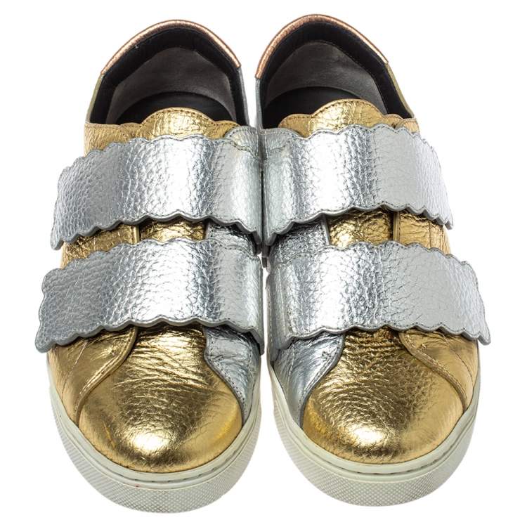 Pre Owned Fendi Tricolor Metallic Leather Scalloped Velcro Sneakers Size 38