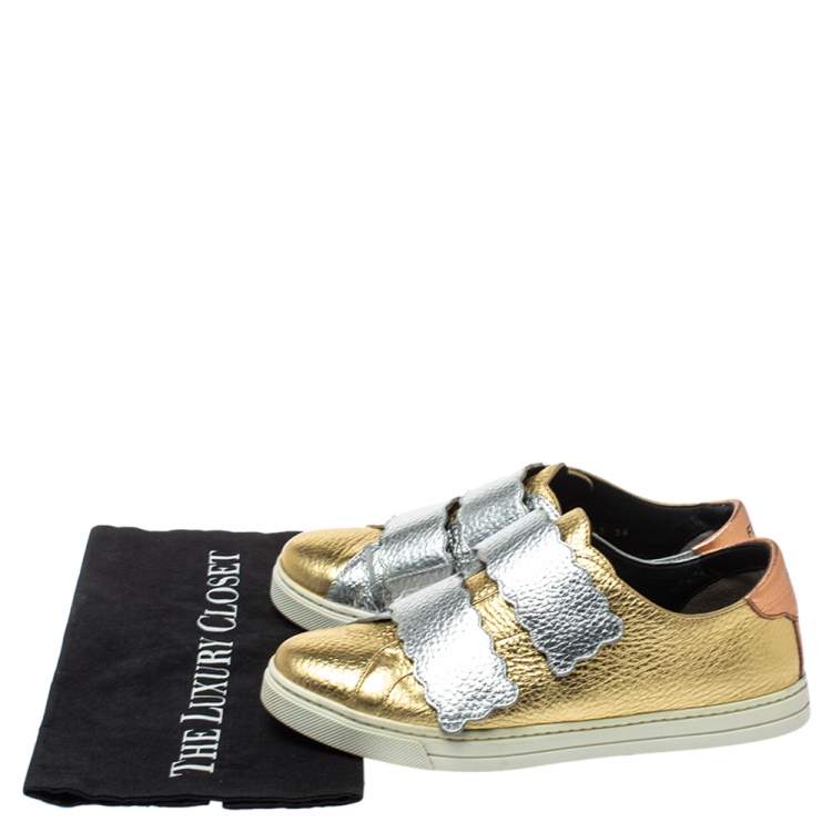 Pre Owned Fendi Tricolor Metallic Leather Scalloped Velcro Sneakers Size 38