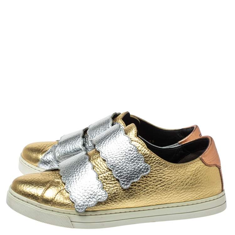 Pre Owned Fendi Tricolor Metallic Leather Scalloped Velcro Sneakers Size 38