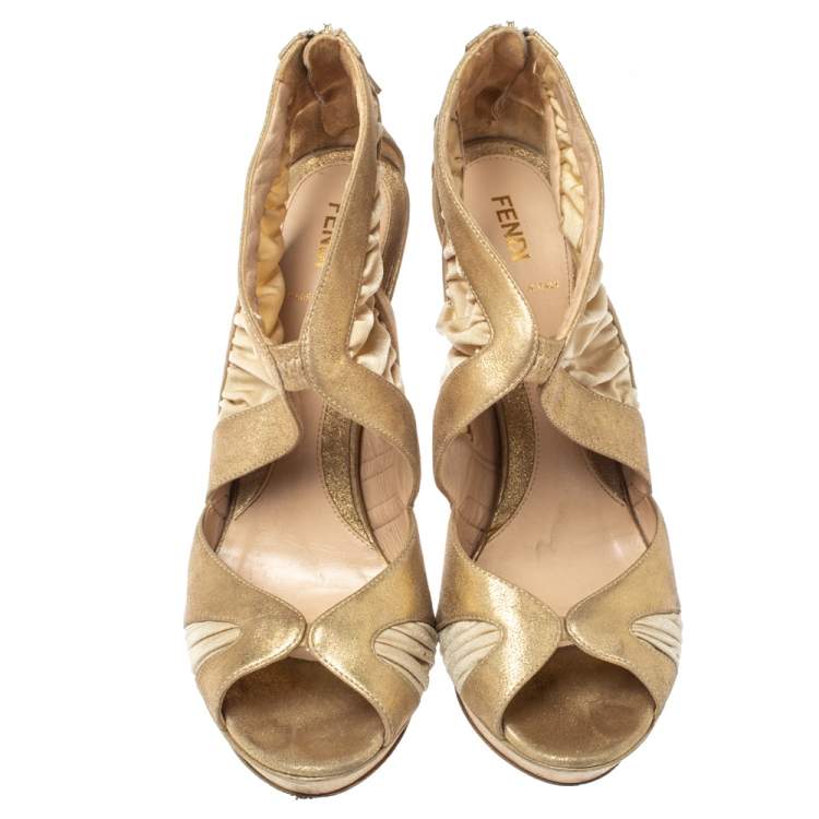 Pre Owned Fendi Metallic Beige Leather and Fabric Platform Sandals Size 40