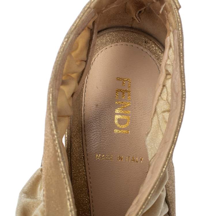 Pre Owned Fendi Metallic Beige Leather and Fabric Platform Sandals Size 40