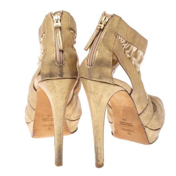 Pre Owned Fendi Metallic Beige Leather and Fabric Platform Sandals Size 40