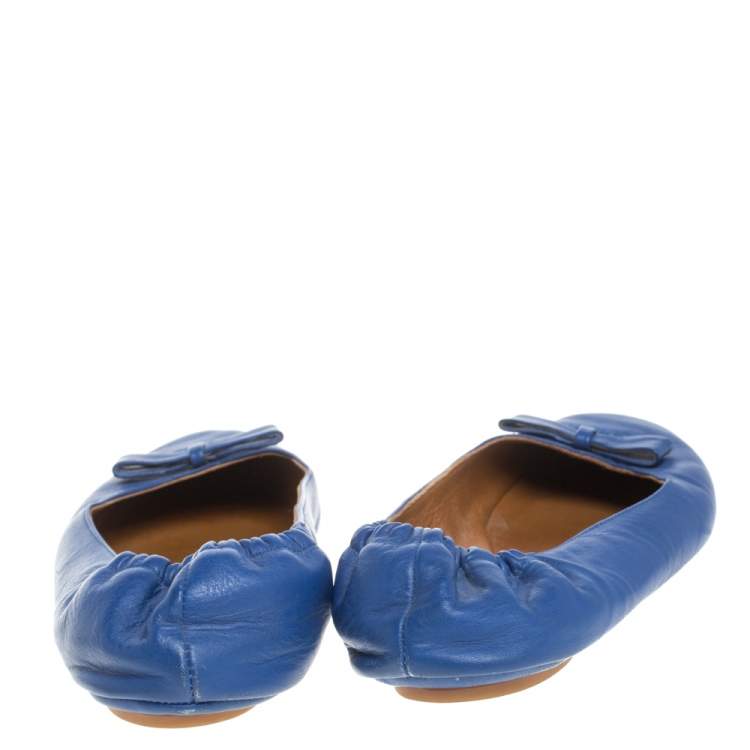 Pre Owned Fendi Blue Leather Bow Scrunch Ballet Flats Size 38.5