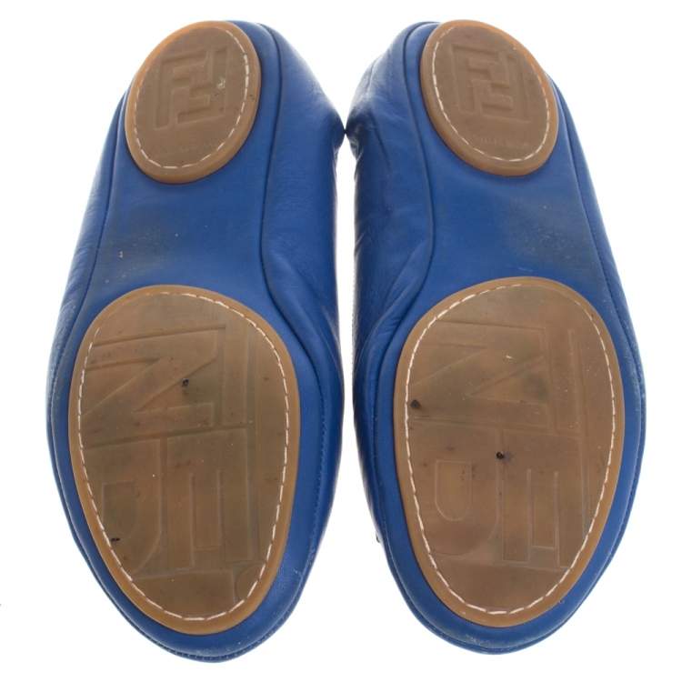 Pre Owned Fendi Blue Leather Bow Scrunch Ballet Flats Size 38.5