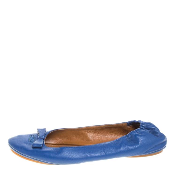 Pre Owned Fendi Blue Leather Bow Scrunch Ballet Flats Size 38.5