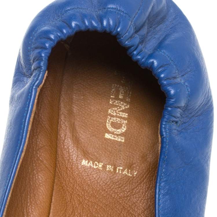 Pre Owned Fendi Blue Leather Bow Scrunch Ballet Flats Size 38.5