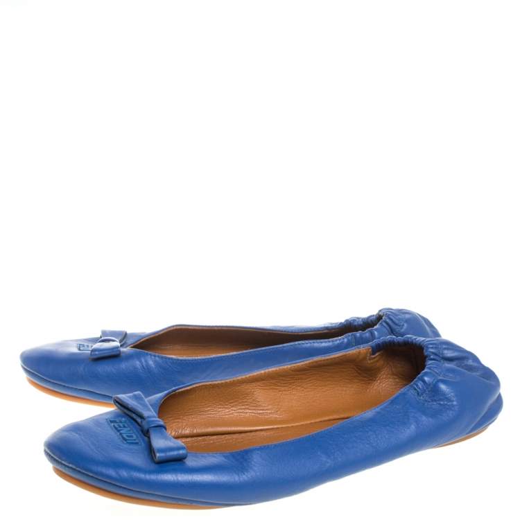 Pre Owned Fendi Blue Leather Bow Scrunch Ballet Flats Size 38.5