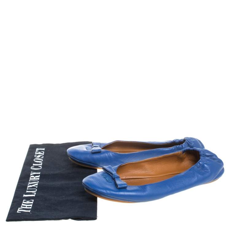 Pre Owned Fendi Blue Leather Bow Scrunch Ballet Flats Size 38.5