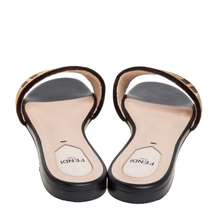 Pre Owned Fendi Two Tone Zucca Velvet Flat Slides Size 37.5