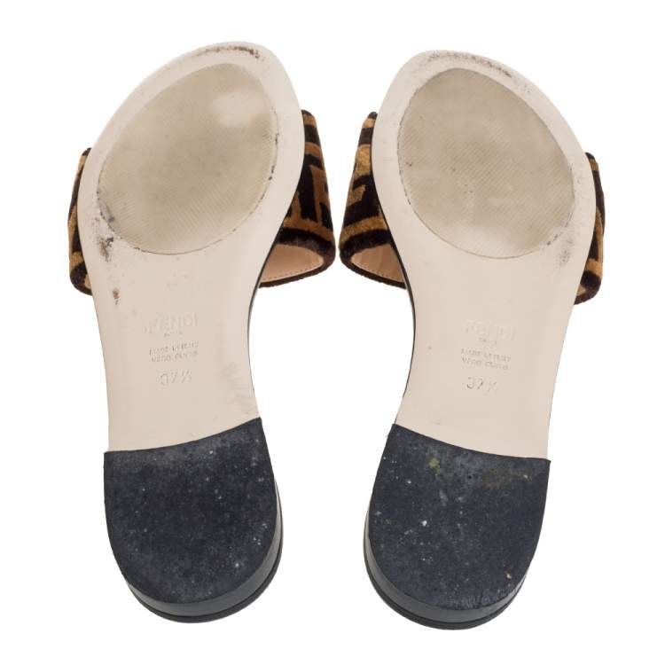 Pre Owned Fendi Two Tone Zucca Velvet Flat Slides Size 37.5